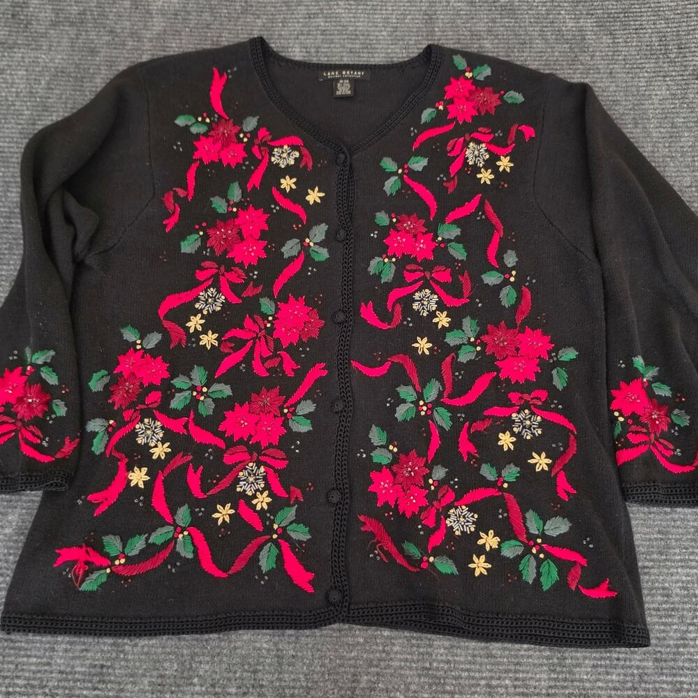 Lane Bryant Vintage Plus 18/20 Embroidered Poinsettia Christmas Cardigan Sweater - Picture 2 of 8